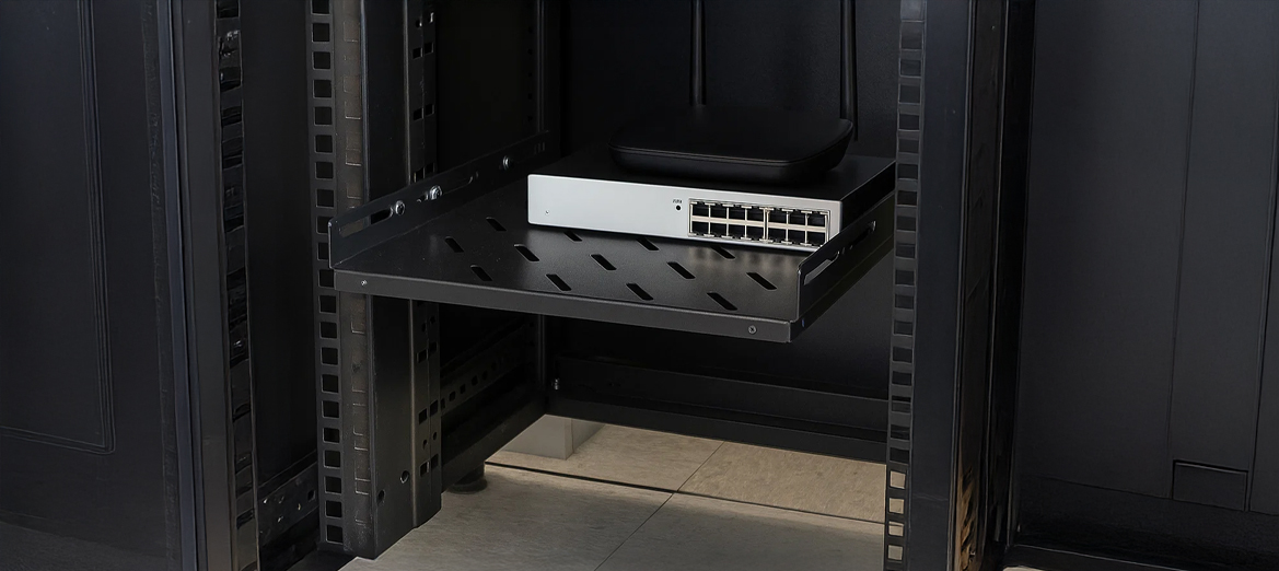 Półka do szafy rack RL-P600S zamontowana w szafie rack