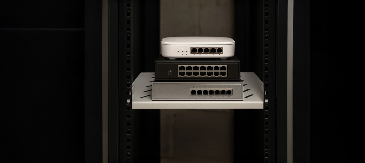 Półka do szafy rack RL-P600S-G ze switchami