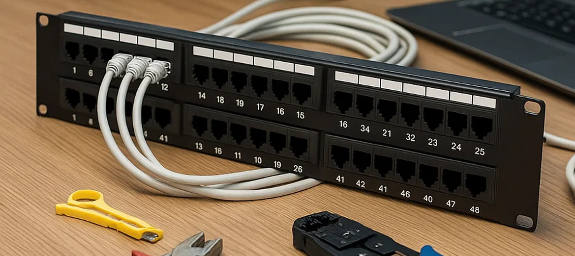 Patchpanel 48-portowy kat. 5e RL-PP4885E leżący na biurku
