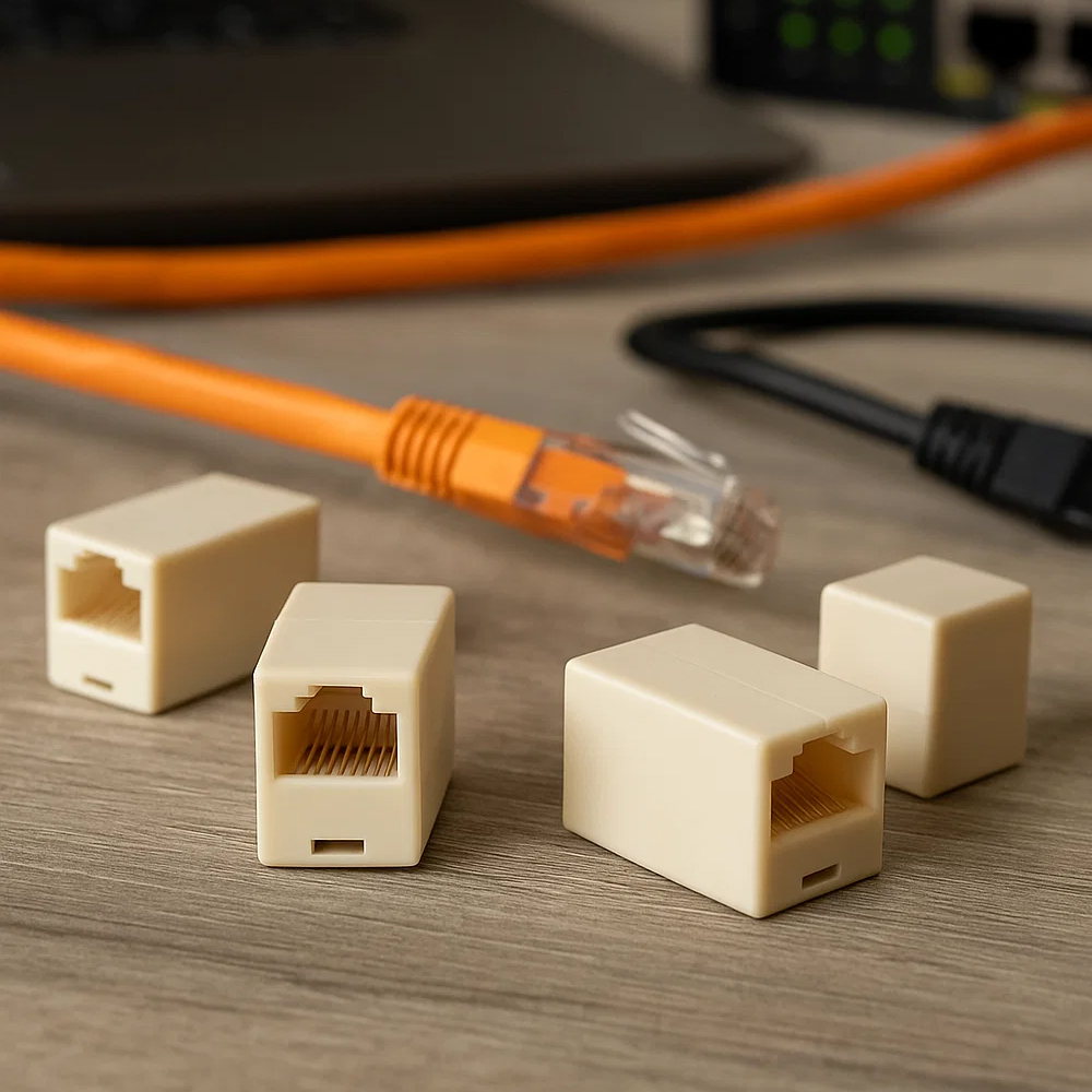 Łącznik beczka RJ45 kat. 5e RL-WTGG5E na drewnianym stole Łącznik beczka RJ45 kat. 5e RL-WTGG5E na stole