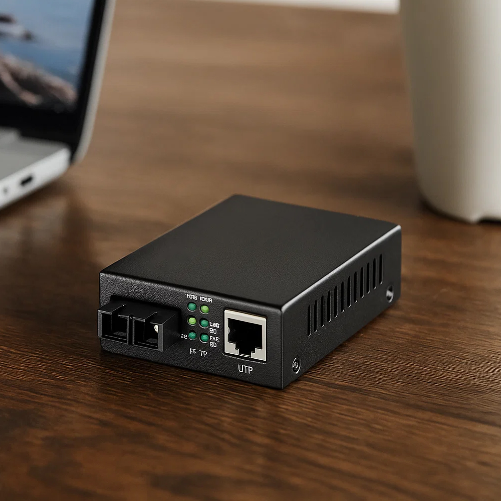 Moduł SFP Cudy SM100GSA-20 przy laptopie