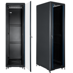 Szafa Rack 42U 600x1000 Racktel pojedyncza RL-6042SR przodem i skosem