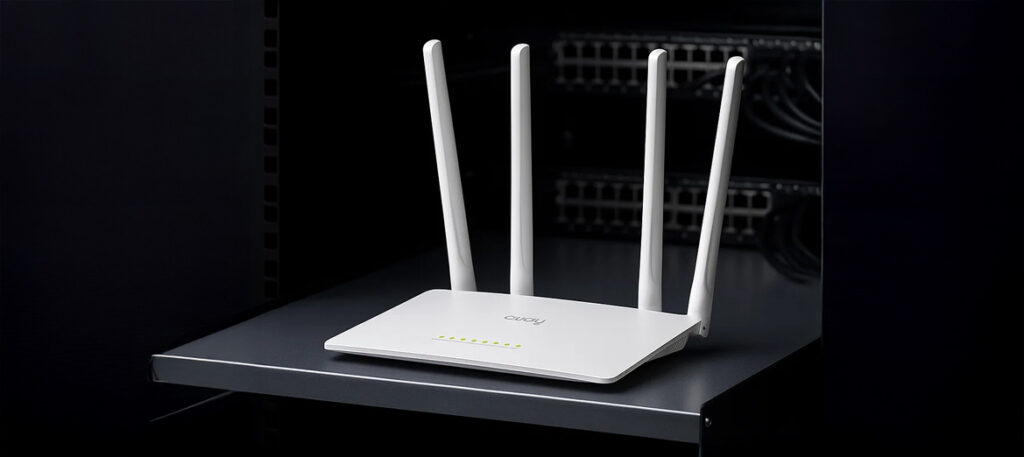 Router Wi-Fi Cudy WR1200 na metalowej półce