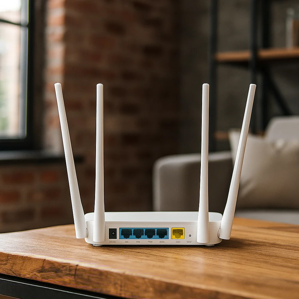 Router Wi-Fi Cudy WR1200 na drewnianym stole