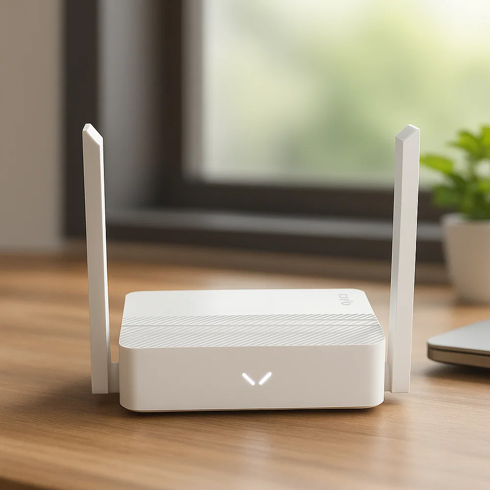 Router Cudy WR300 na drewnianym biurku