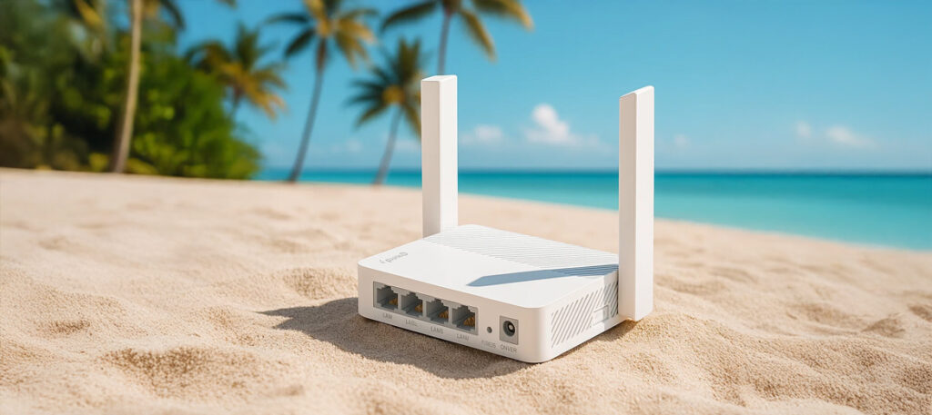 Router Cudy WR300 położony na piasku na plaży