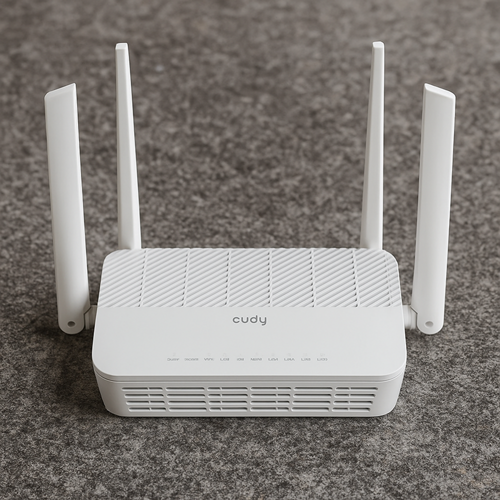 Router Cudy WR3000S na szarym tle