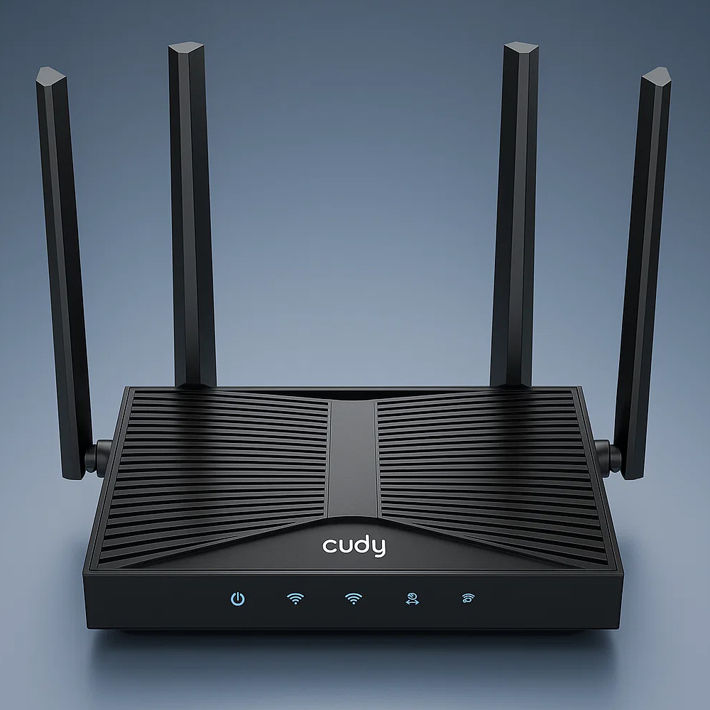 Router Cudy WR3600H frontem na szarym tle Router Cudy WR3600H na szarym tle