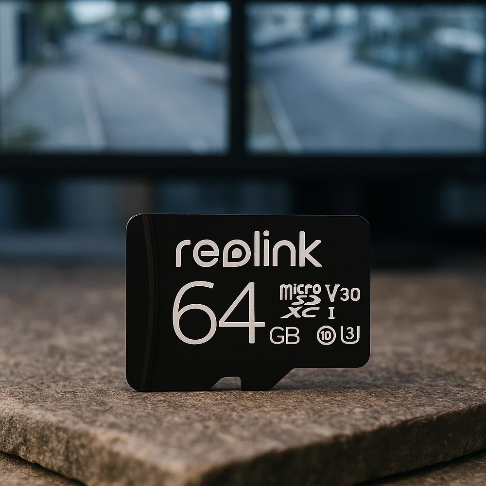 Karta pamięci 64GB Reolink na kamiennym blacie Karta pamięci 64GB Reolink na betonowych stopniu