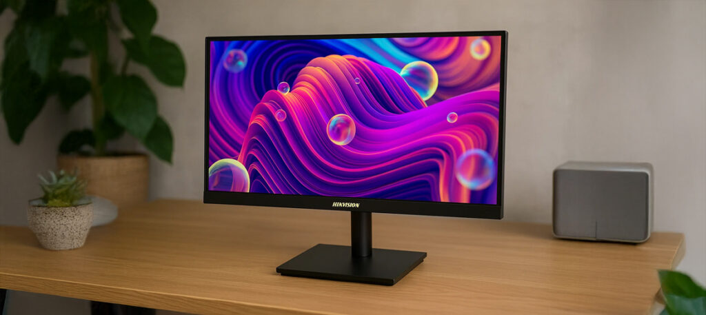 Monitor Hikvision 21.5" DS-D5022F2-1V2S FHD 100 Hz na drewnianym biurku