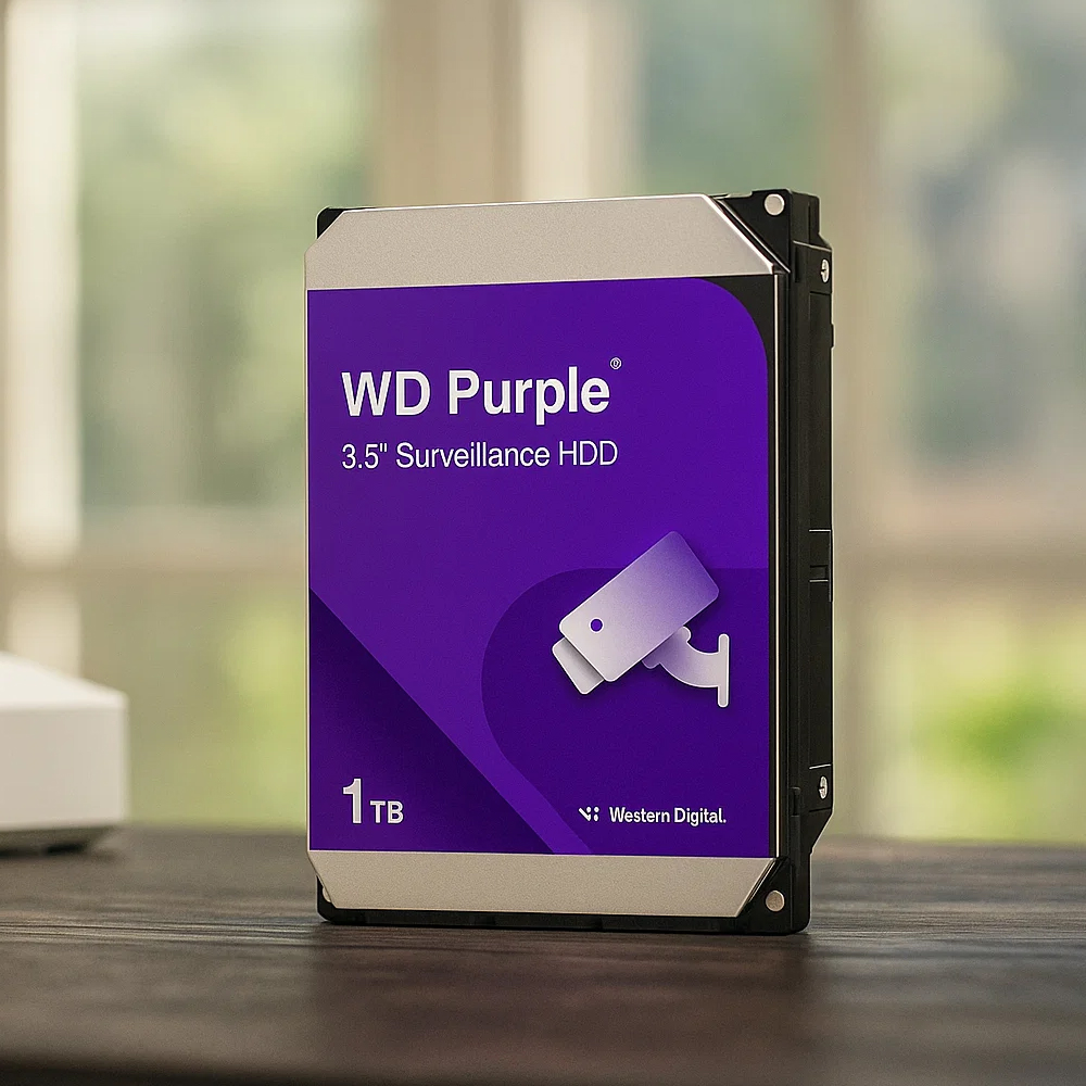 Dysk twardy WD Purple 1TB na drewnianym stole Dysk twardy WD Purple 1TB na drewnianym blacie