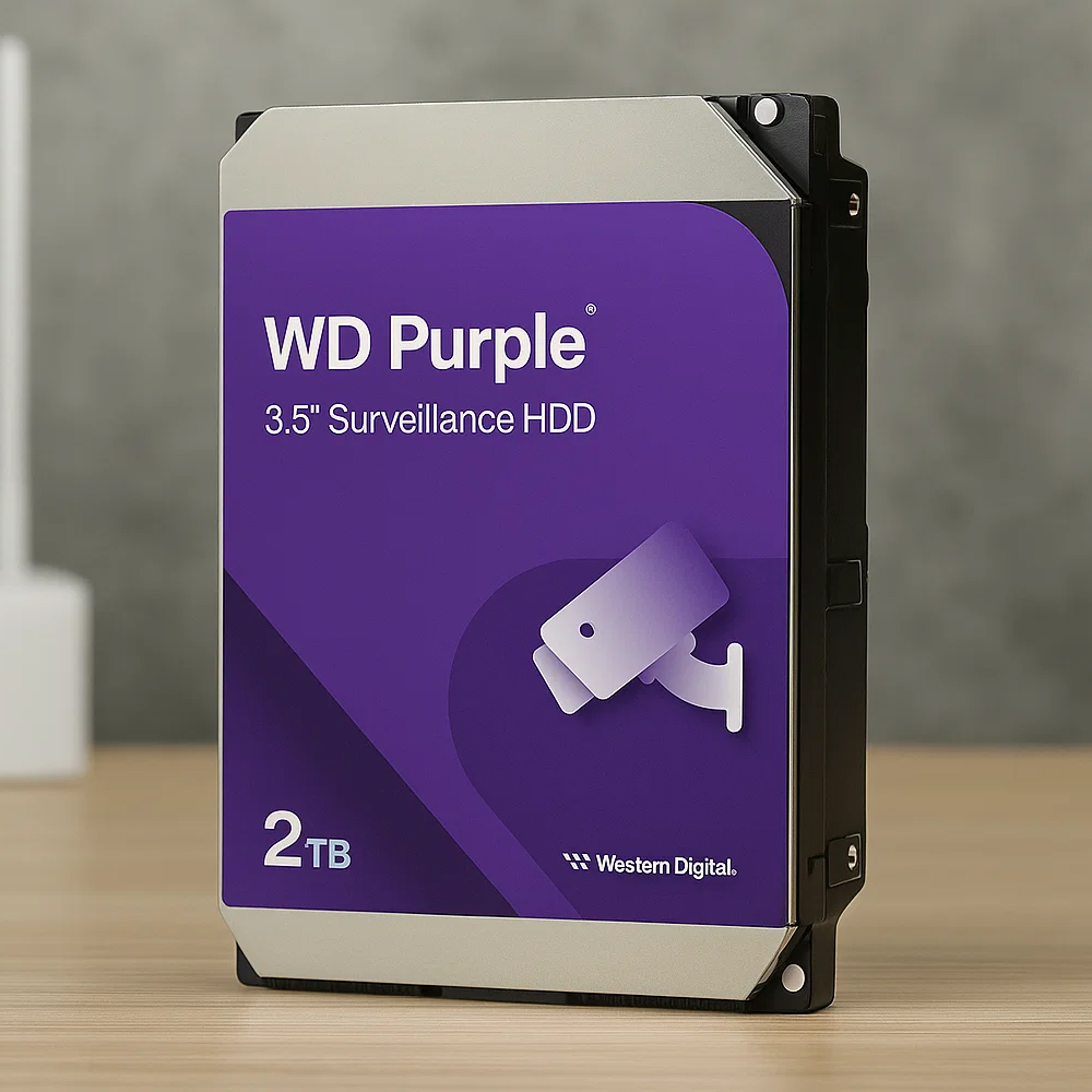 Dysk twardy WD Purple 2TB na drewnianym stole Dysk twardy WD Purple 2TB na drewnianym biurku