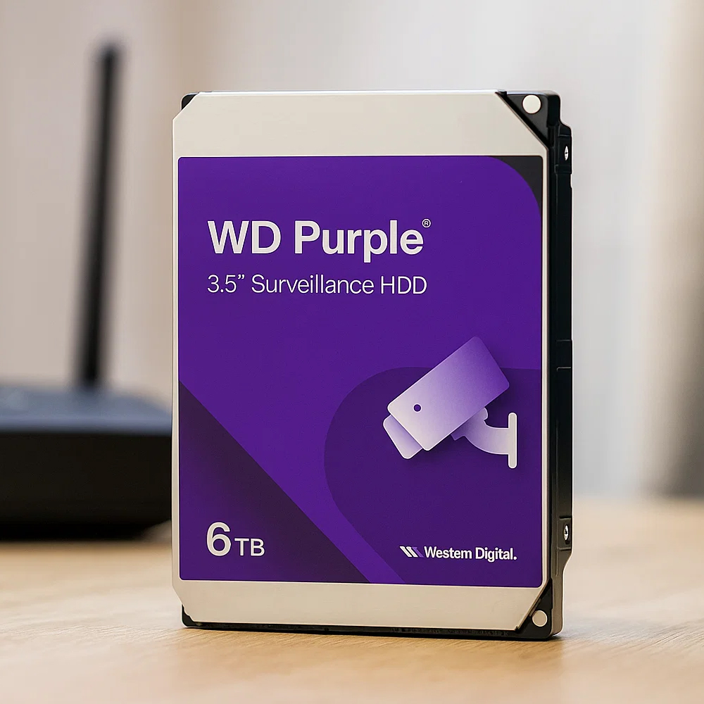 Dysk twardy WD Purple 6TB przy czarnym routerze Dysk twardy WD Purple 6TB przy routerze