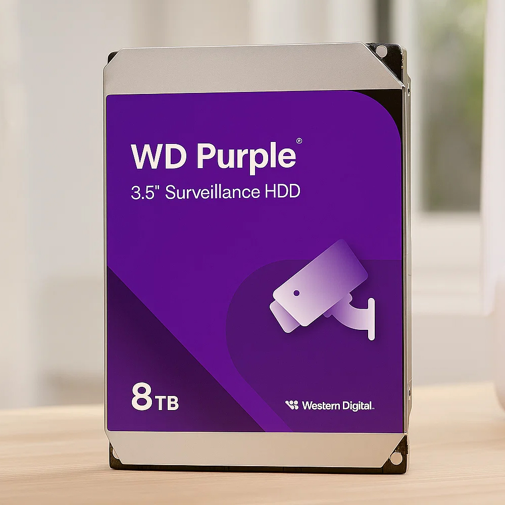 Dysk twardy WD Purple 8TB na drewnianym stole Dysk twardy WD Purple 8TB na drewnianym blacie