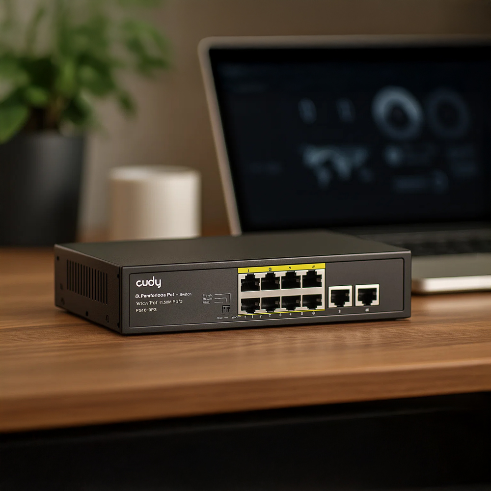 Switch Cudy FS1010P przy komputerze