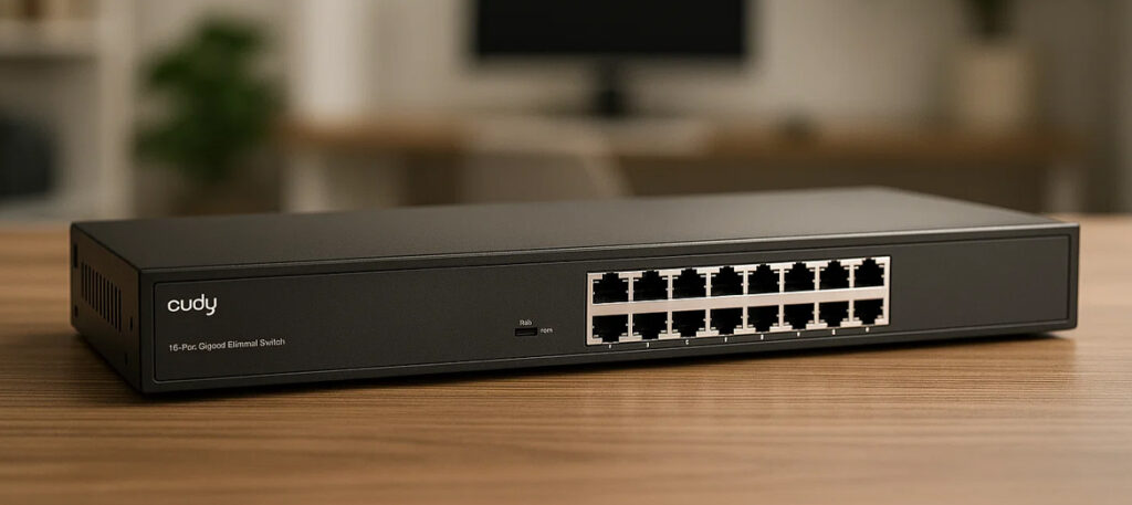 Switch PoE Cudy GS1016L na drewnianym stole