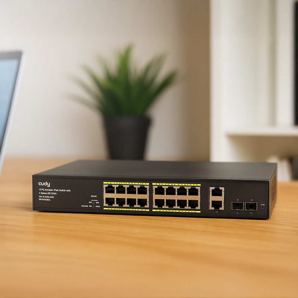 Switch PoE Cudy GS1018PS2 na drewnianym biurku