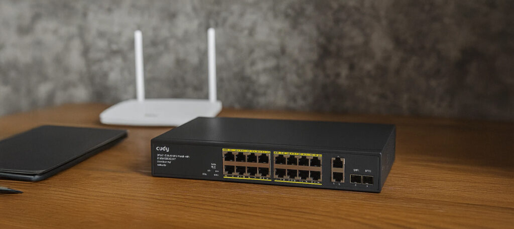 Switch PoE Cudy GS1018PS2 na drewnianym blacie