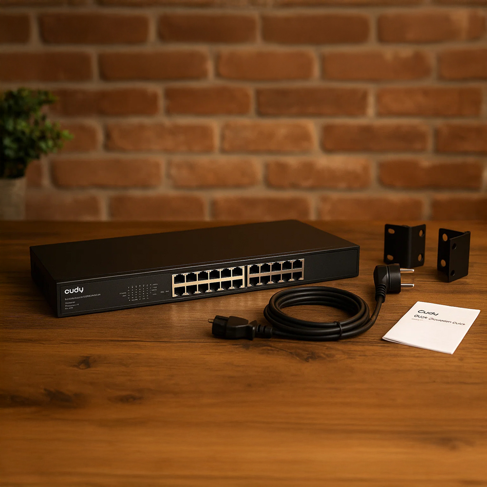 Switch Cudy GS1024E z elementami montażowymi Switch Cudy GS1024E na drewnianym blacie