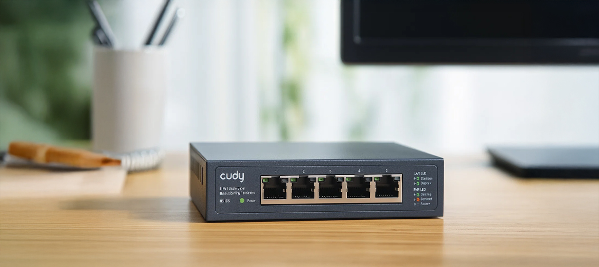 Switch Cudy HS105 na biurku przy monitorze