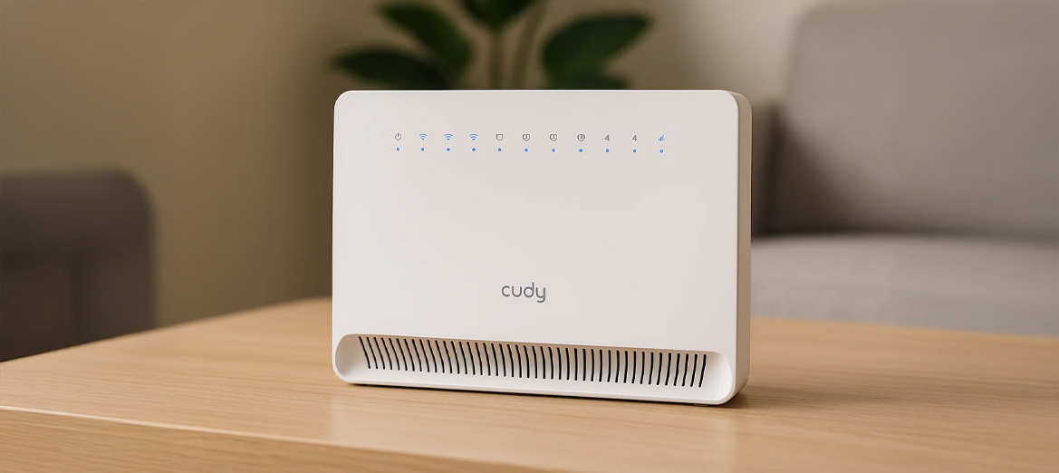 Router Cudy LT700E na drewnianym stole