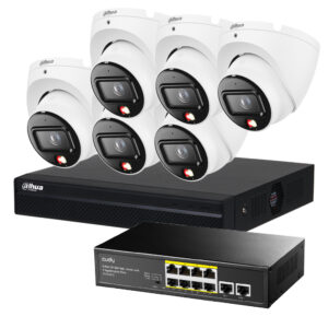 Zestaw monitoringu IP PoE Dahua 6 kamer i rejestrator na białym tle