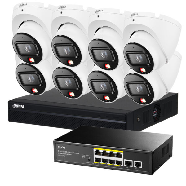 Zestaw monitoringu IP PoE Dahua 8 kamer z rejestratorem na białym tle