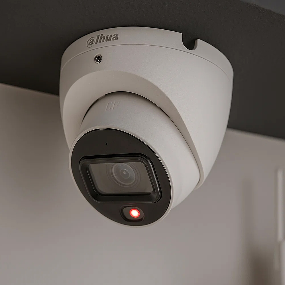 Zestaw monitoringu IP PoE Dahua 6 kamer – kamera zamontowana przy suficie Zestaw monitoringu IP PoE Dahua 6 kamer - kamera zawieszona przy suficie