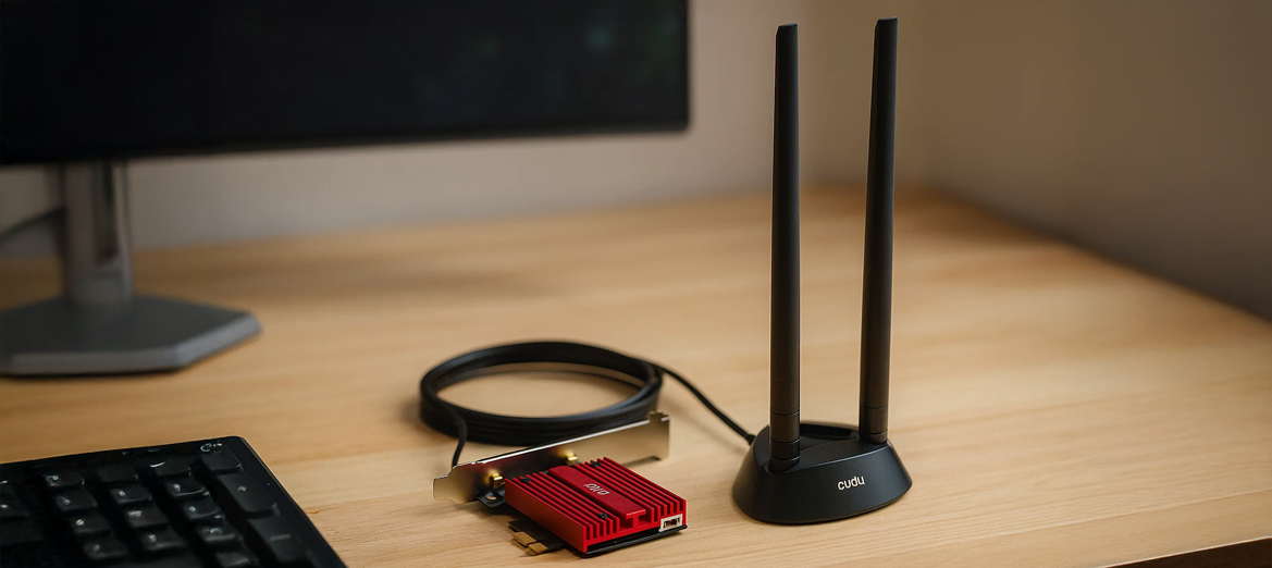 Adapter Wi-Fi 7 i Bluetooth Cudy WE9300S ustawiony na biurku
