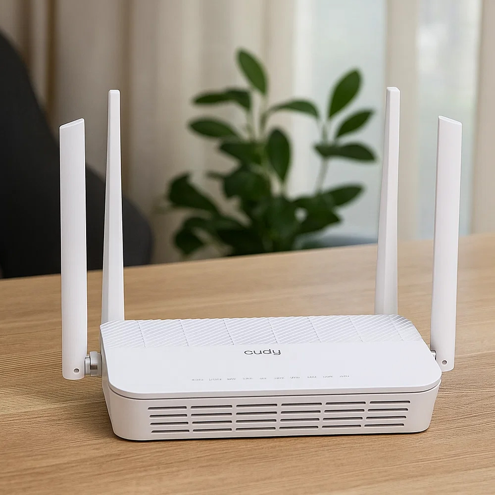Router Cudy WR3000H na drewnianym biurku Router Cudy WR3000H na biurku
