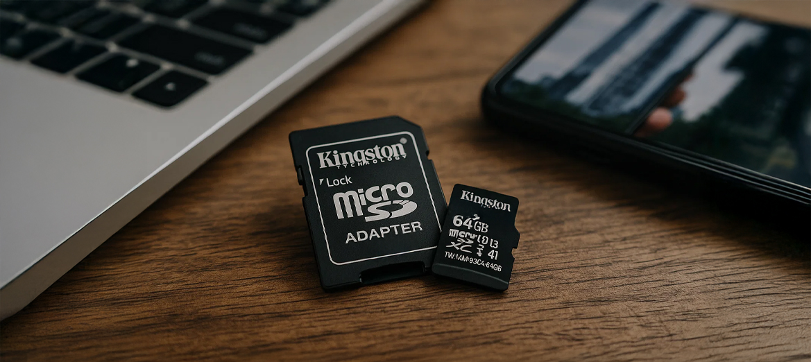 Karta pamięci 64GB Kingston przy laptopie