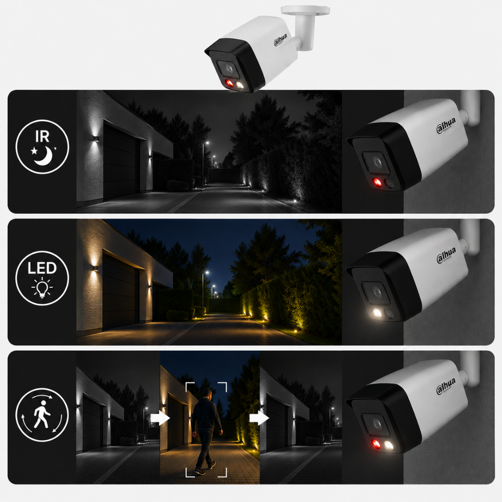 Zestaw monitoringu Dahua kamera IP dahua tryb nocny IR, LED, IR+LED
