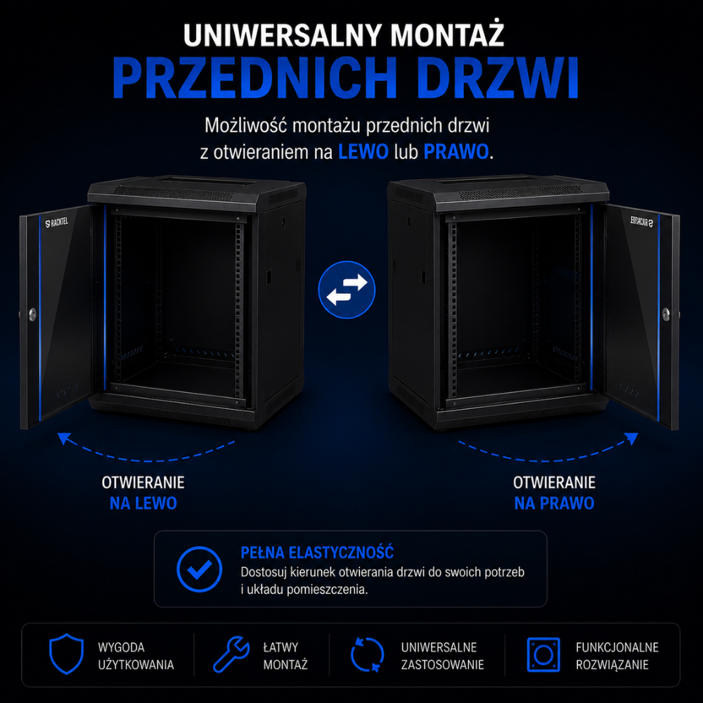 Szafa Rack 4U Racktel z możliwością zmiany drzwi