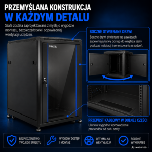 Szafa Rack 18U 600x600 Racktel RL-6818SR boczne drzwi i przepust kablowy