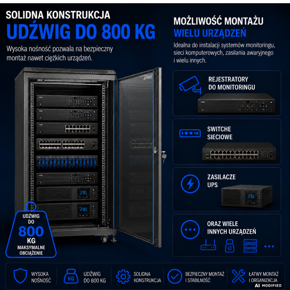 Szafa Rack 42U 600x600 Racktel RL-6642SR udźwig do 800kg